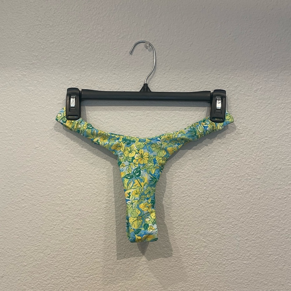 Green and yellow tropical print thong bikini bottoms